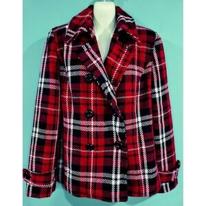 Dressbarn Women's Plaid Double‎ Breasted Coat Red Black White Tartan Size Medium